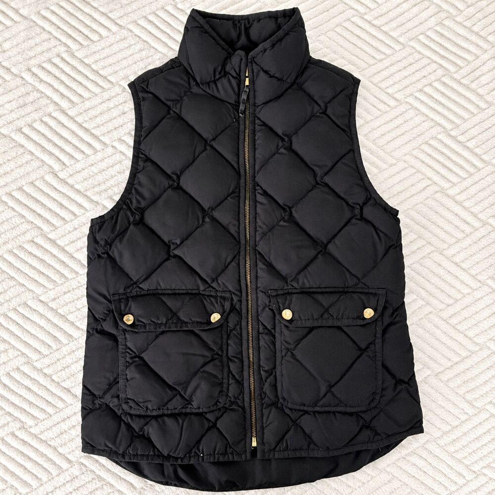 J. Crew Women's Size S Black Quilted Down Puffer Vest Gold Zip Pockets Outdoor